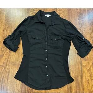 James Perse Contrast Panel Utility Button Down Shirt Black Women’s Sz 3 (Large)